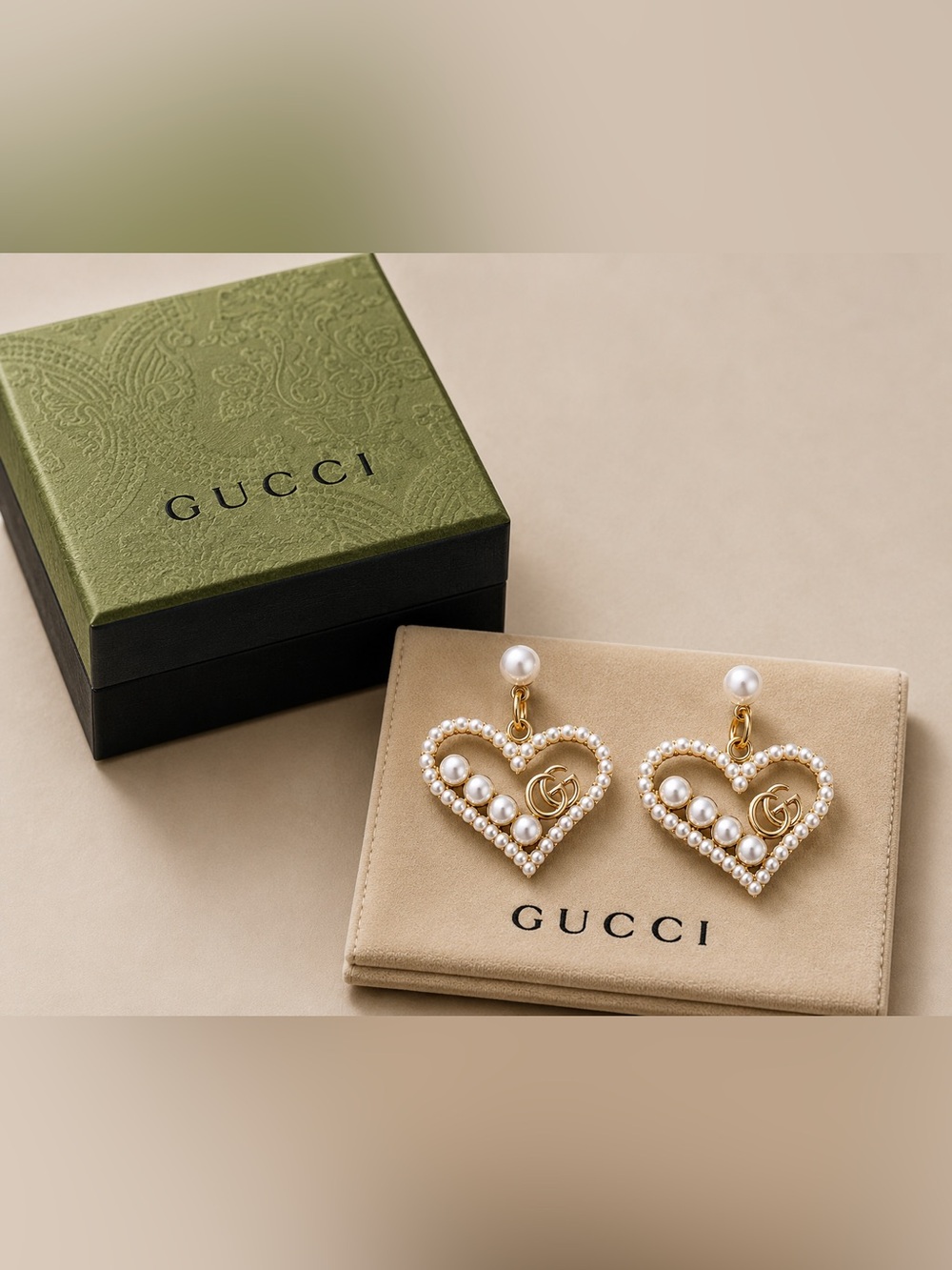 Gucci Heart Earrings with Pearls and Gold Accents